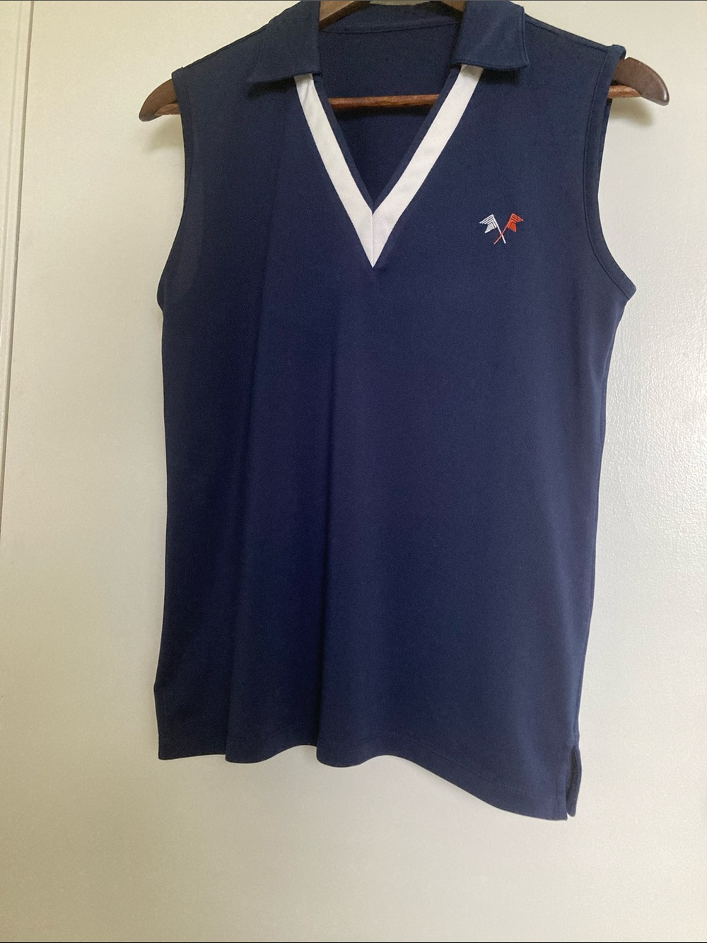 Sleeveless Navy Polo V-Neck Top with White Trim
